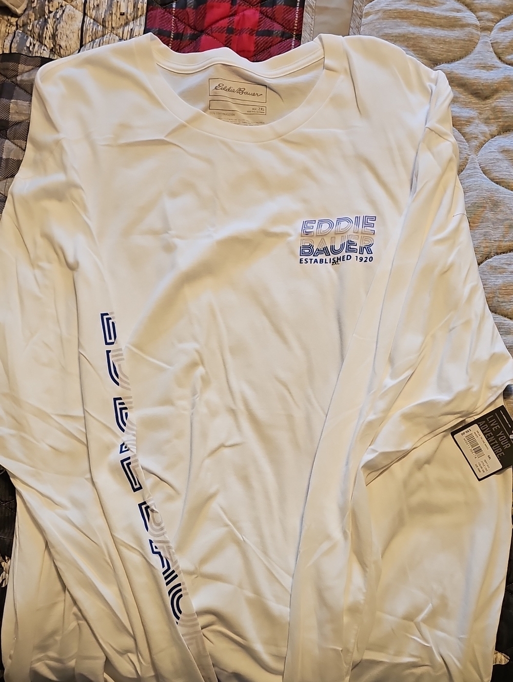 Eddie Bauer White Long Sleeve Logo Tee with Blue Accents